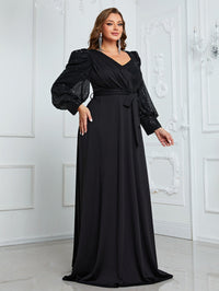 Giffniseti Plus Sequin Insert Lantern Sleeve Belted Maxi Formal Dress-FMGW812