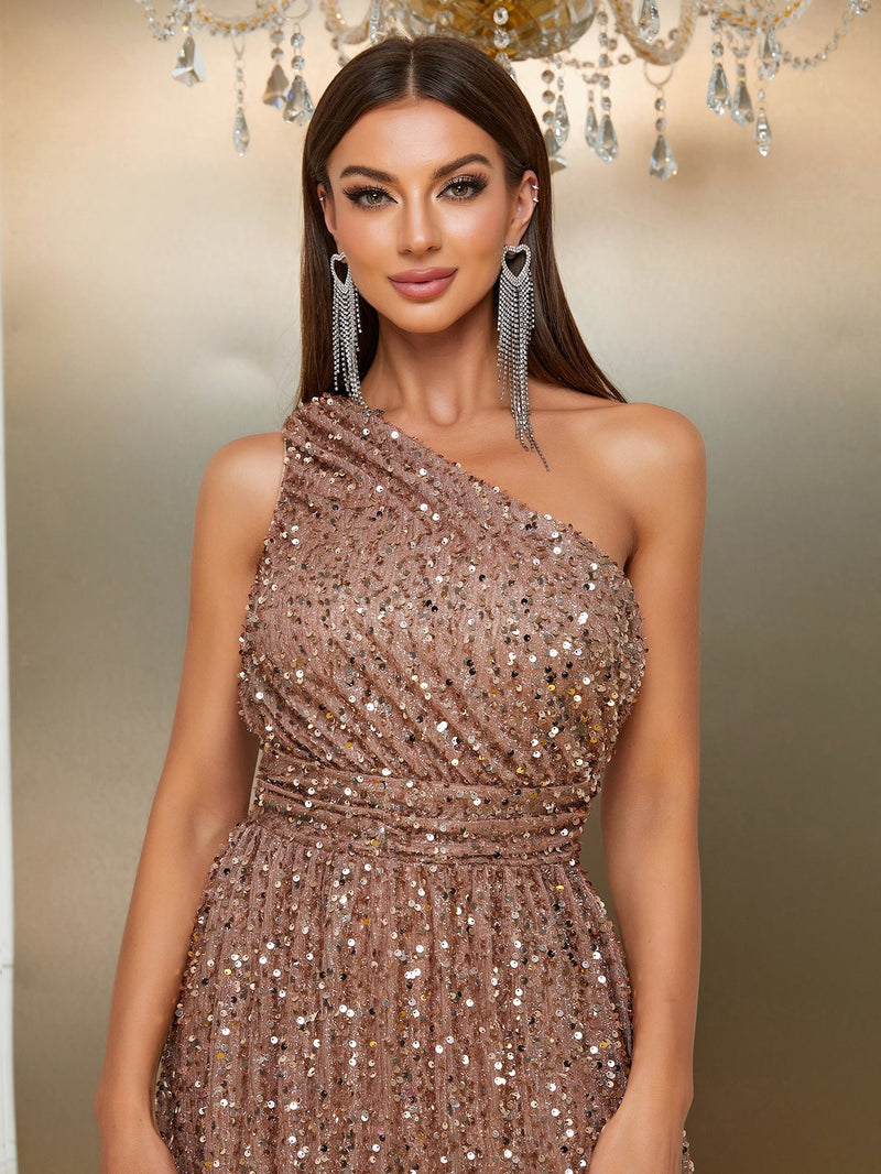 Giffniseti One Shoulder Split Thigh Sequin Formal Dress-SSW4032