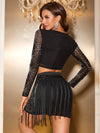 Giffniseti Rhinestone Detail Crop Top & Fringe Hem Bodycon Skirt-MGZ742