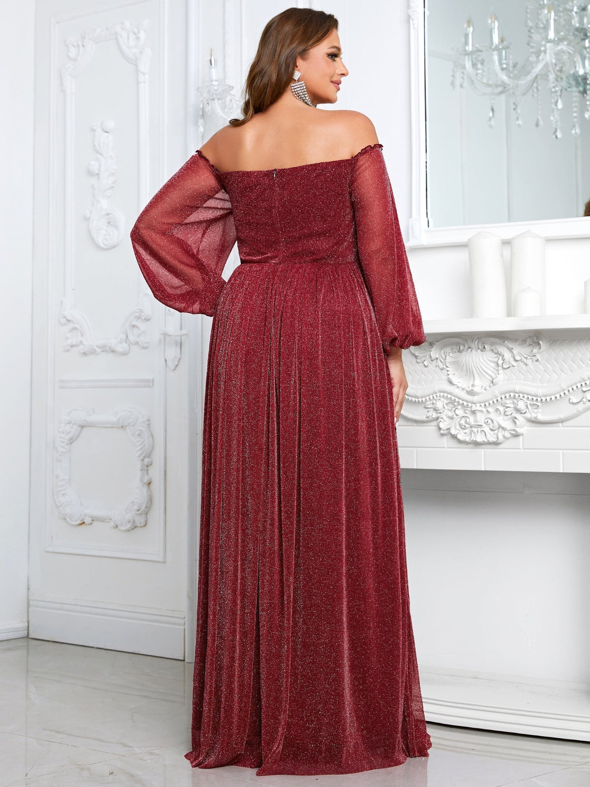 Giffniseti Plus Off Shoulder Lantern Sleeve Glitter Formal Dress-FSSN1213