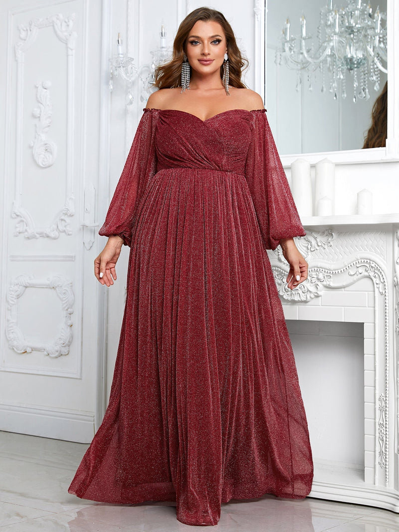 Giffniseti Plus Off Shoulder Lantern Sleeve Glitter Formal Dress-FSSN1213