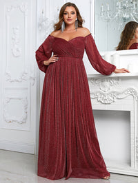 Giffniseti Plus Off Shoulder Lantern Sleeve Glitter Formal Dress-FSSN1213