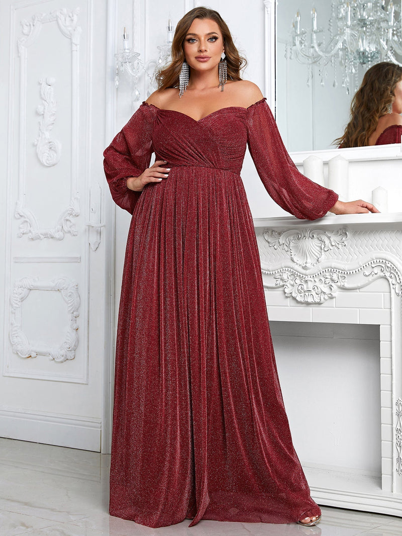 Giffniseti Plus Off Shoulder Lantern Sleeve Glitter Formal Dress-FSSN1213