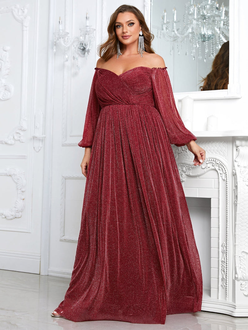 Giffniseti Plus Off Shoulder Lantern Sleeve Glitter Formal Dress-FSSN1213