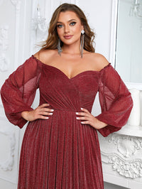 Giffniseti Plus Off Shoulder Lantern Sleeve Glitter Formal Dress-FSSN1213