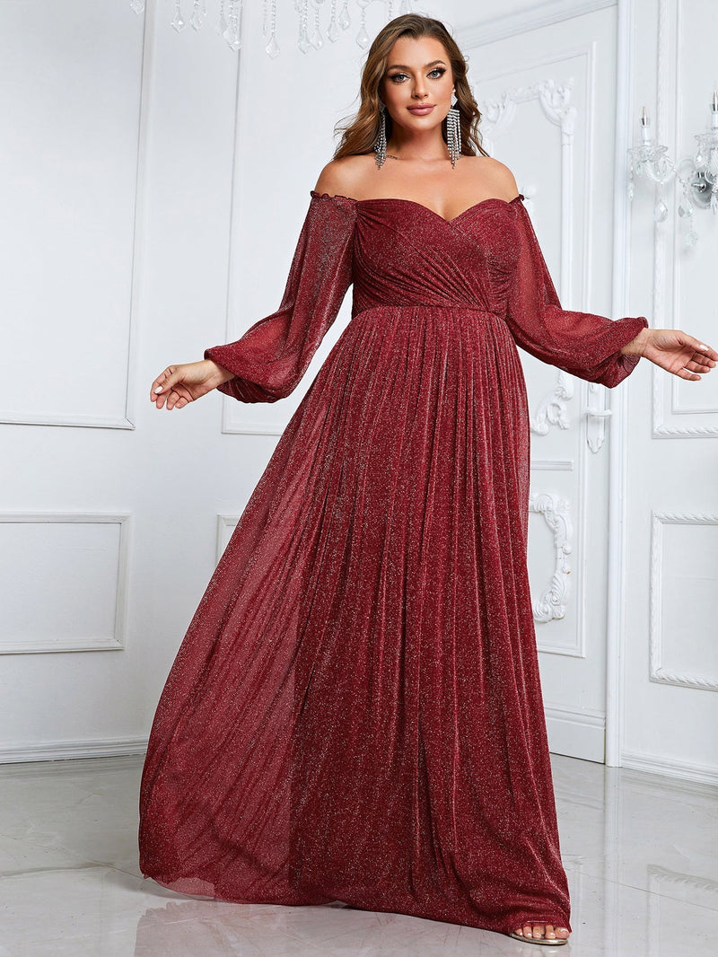 Giffniseti Plus Off Shoulder Lantern Sleeve Glitter Formal Dress-FSSN1213