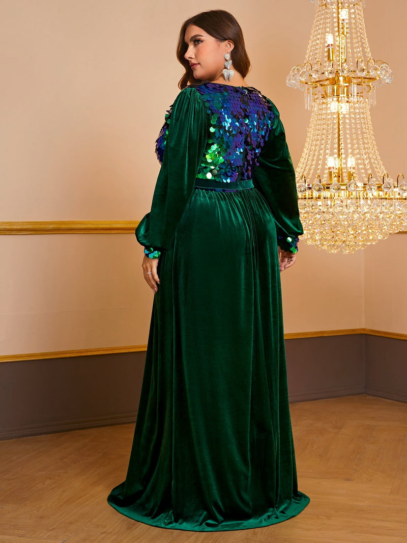 Giffniseti Plus Contrast Sequin Lantern Sleeve Velvet Prom Dress-FMGN934