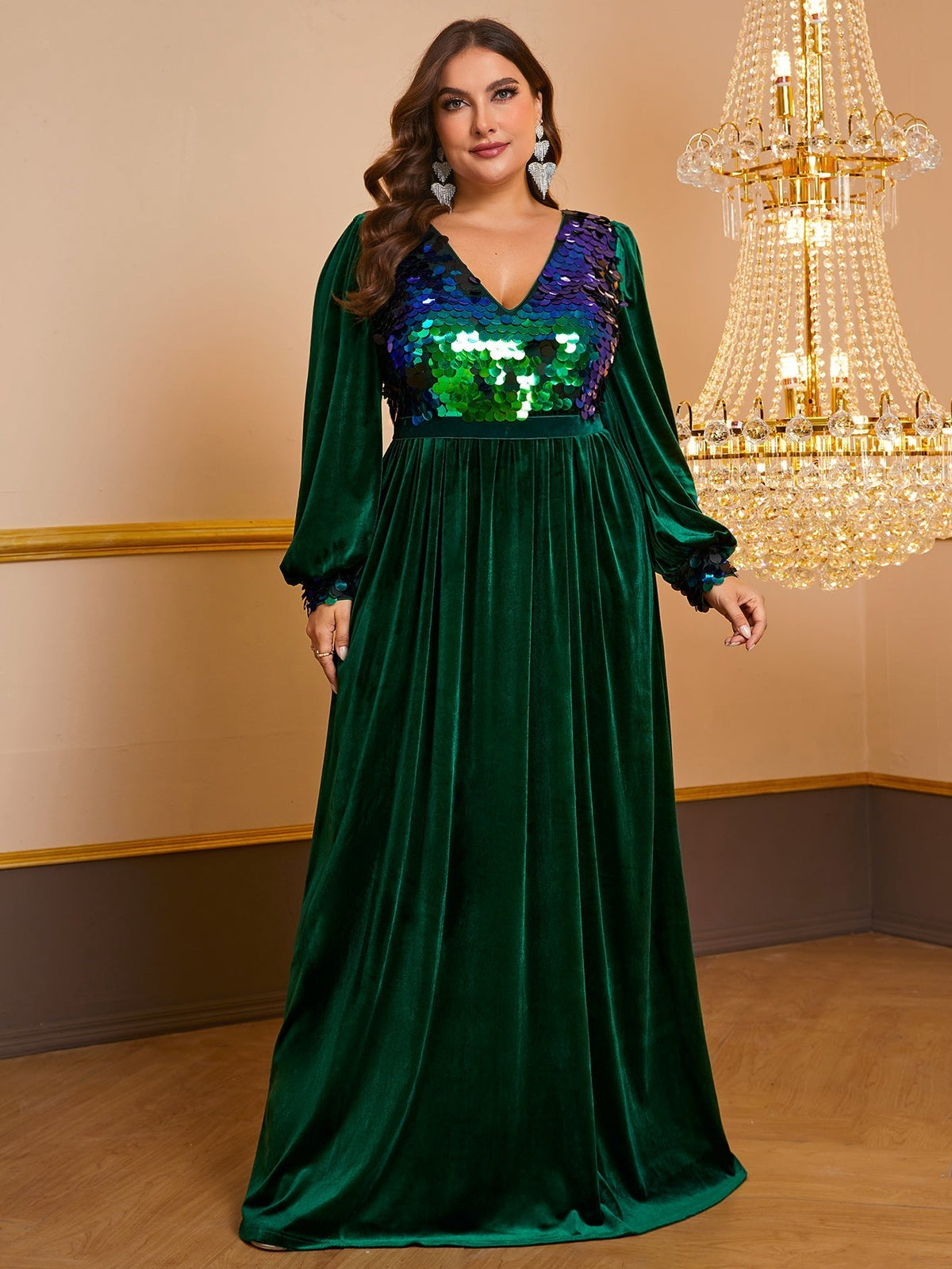 Giffniseti Plus Contrast Sequin Lantern Sleeve Velvet Prom Dress-FMGN934