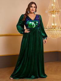 Giffniseti Plus Contrast Sequin Lantern Sleeve Velvet Prom Dress-FMGN934