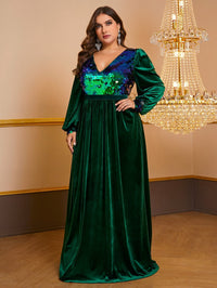 Giffniseti Plus Contrast Sequin Lantern Sleeve Velvet Prom Dress-FMGN934