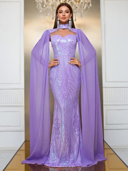 Giffniseti Wholesale Sequin Prom Dresses - Western Evening Gown Sequin Halter Neck with Cap Sleeves Party Mermaid Long Skirt Elegant Gown-MGT790