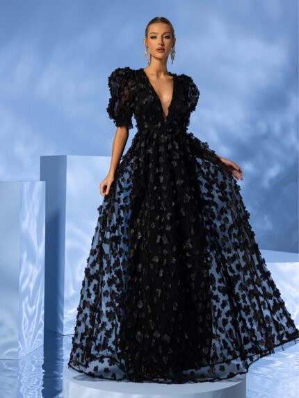 Giffniseti Wholesale Sequin Prom Dresses - Women's Deep V Prom Evening Dress Puff Short Sleeve 3D Floral Mesh Black Gown-CJT20094