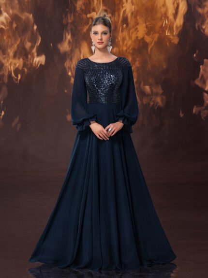 Giffniseti Wholesale Sequin Prom Dresses - Women's Formal Banquet Evening Gown Premium Chiffon with Sequin Panels Lantern Sleeve Round Neck Heavily Embellished Gown-SSM014