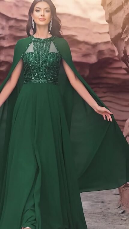 Giffniseti Wholesale Sequin Prom Dresses - Women's Formal Banquet Evening Gown Premium Sequin High Neck Chiffon Cape Sleeve Party Dress-SSM001