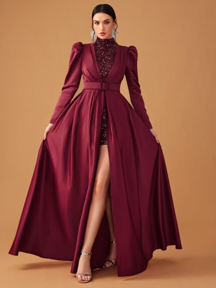 Giffniseti Wholesale Sequin Prom Dresses - Women's Prom Evening Dress Elegant Luxury Satin Sequin Puff Sleeve Belted Two-piece Dress-MGN1522