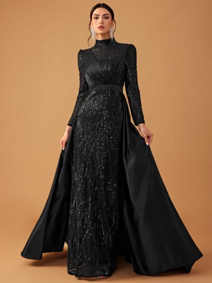 Giffniseti Wholesale Sequin Prom Dresses - Women's Prom Evening Gown Elegant Luxury Sequin & Satin High Neck Long Sleeve Cape Party Dress-SSL6221